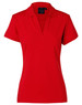 A red ladies' polo shirt with a collared neck and short sleeves, featuring a brand logo.