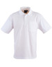 A white short sleeve polo shirt with a pocket and a logo on the collar.