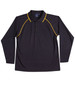 A black long-sleeve polo shirt with yellow accents and a collar, featuring a logo on the chest.