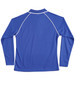 A blue long-sleeve polo shirt with a raglan design, featuring white piping and a logo.