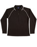 A black long-sleeve polo shirt with raglan sleeves and white piping. It features a collar and buttons, with a logo.