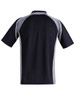 A black polo shirt with grey detailing, featuring a classic collar and short sleeves. It has a logo on the front.