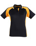 A black and yellow ladies' polo shirt with a collar and short sleeves, featuring a logo on the chest.