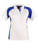 A ladies' polo shirt in white and blue, featuring a classic collar and short sleeves. It includes a logo.