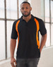 A black polo shirt featuring orange side accents, designed for men, with a logo on the chest.