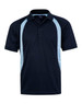 A navy blue polo shirt with light blue side panels and a collar, featuring a logo on the chest.