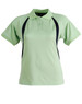 A light green polo shirt with dark blue side panels, featuring a collar and short sleeves, includes a logo.
