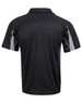 A black polo shirt featuring grey detailing and a logo on the back.