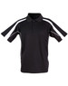 A black polo shirt featuring white side stripes and a collar, with a logo on the chest.