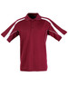 A maroon polo shirt featuring white stripes and a logo. It has a classic collar and short sleeves.