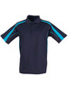 A navy blue polo shirt featuring turquoise accents and a logo on the chest area. Short sleeves and a classic collar.