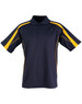 A navy polo shirt featuring yellow accents and a collar, designed with short sleeves and a logo.