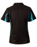 A black polo shirt with turquoise accents, featuring short sleeves and a logo on the back.