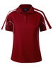 A maroon short sleeve polo shirt featuring white accents and a logo on the collar.