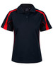 A black polo shirt with red accents, featuring short sleeves and a collar. It has a logo on the chest area.
