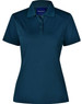 A teal polo shirt with a collared neckline and three-button placket, featuring a logo on the chest.
