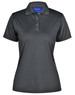 A women's polo shirt in dark grey with a classic collar and buttons, featuring a logo on the chest.