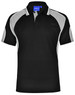 A black polo shirt with grey accents and a collar. It features a logo on the chest area.