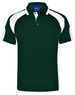 A green polo shirt with white accents and a logo on the chest. Features a classic collar and short sleeves.