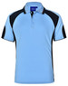 A light blue polo shirt with black accents and a logo on the chest area.