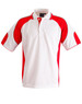 A red and white men's polo shirt featuring a logo and a sporty design with short sleeves.