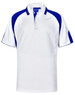 A white polo shirt with blue accents and a logo on the front. It features a classic collar and short sleeves.