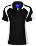 A black and white polo shirt featuring a collar and short sleeves, with a logo on the front.