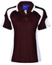 A burgundy polo shirt with white side panel accents and a collar. It features a logo on the chest area.