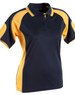 A navy blue and yellow women's polo shirt with a logo and short sleeves.