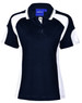 A navy and white polo shirt with short sleeves and a collar, featuring a branding logo.