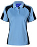 A light blue polo shirt with black accents and a logo on the chest.