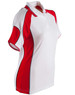 A red and white ladies' polo shirt with short sleeves and a branded logo.