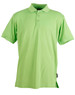 A green men's polo shirt featuring a collar and three buttons, with a logo on the side.
