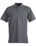 A grey men's polo shirt featuring a collar, short sleeves, and a three-button placket. It includes a logo.