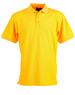 A yellow polo shirt featuring a collar, short sleeves, and three buttons. It has a logo on the chest.