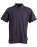 A navy blue men's polo shirt with a collar, short sleeves, and a logo on the side.