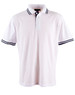 A white polo shirt featuring navy blue stripes on the collar and sleeves, with a three-button placket and a logo.