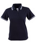 A navy blue ladies' polo shirt with white striped detailing on the collar and sleeves, featuring a logo.