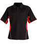 A black polo shirt with red and white detailing, featuring a collar and short sleeves. It has a logo.