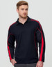 A long sleeve men's polo shirt in black with red accents and a logo.