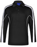 Men's long sleeve polo shirt in black with white side stripes and a collar. Features a logo on the chest.
