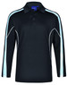 A long sleeve men's polo shirt in black with light blue accents and a logo.