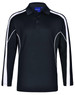 A black long sleeve polo shirt with white side stripes and a collar, featuring a logo.