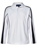 A white long sleeve polo shirt featuring black side panels and a collar, with a logo on the collar.