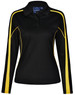 A black long sleeve polo shirt featuring yellow accent stripes and a logo on the chest.