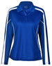 A long sleeve polo shirt in royal blue with white stripes and a collar, featuring a logo.
