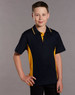 A young boy models a navy and gold contrast polo shirt, featuring a classic collar and a logo.