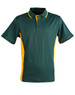 A dark green polo shirt featuring contrasting yellow side panels and a collar. It has a logo on the chest.