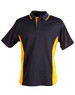 A black and yellow Kids' TrueDry Contrast short sleeve polo shirt with a collar and logo.