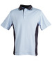 A light blue and navy polo shirt featuring a collar and short sleeves. The shirt has a logo on it.